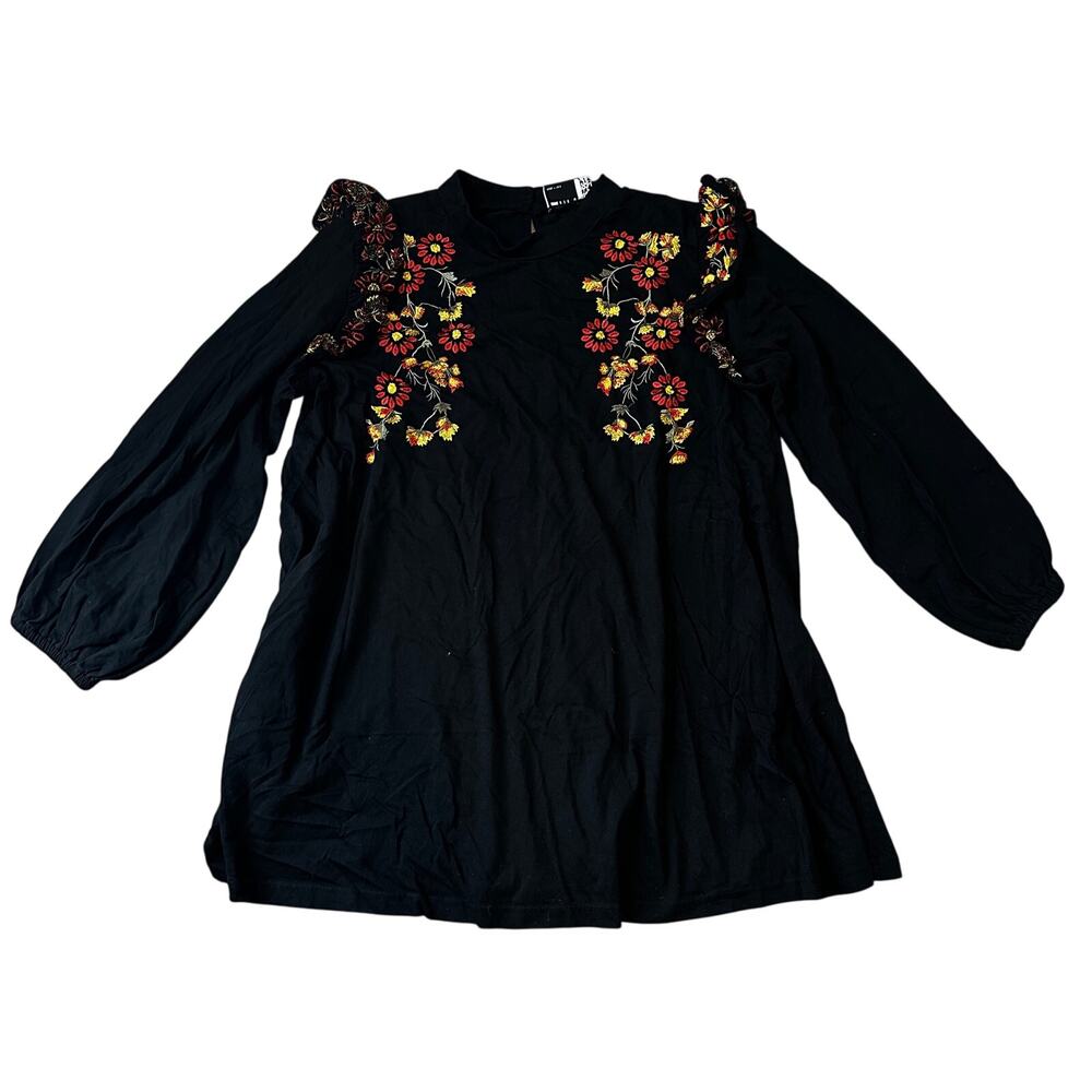 asos design size 12 women's black long sleeve embroidered floral ruffle dress